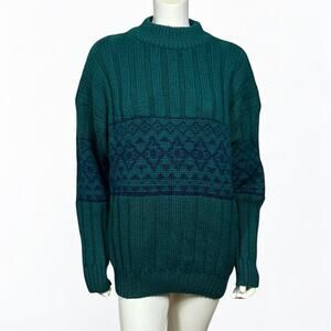 Vintage Cattivo 100% Wool Knit Sweater Green Blue Fair Isle Large 27” Length